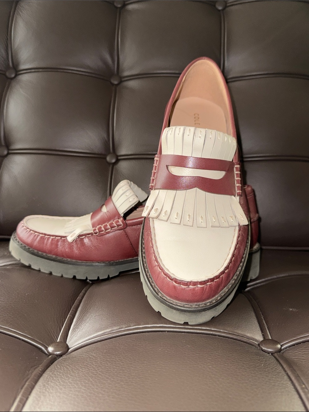 Cole Haan Two-Tone Burgundy and Cream Kiltie Penny Loafers